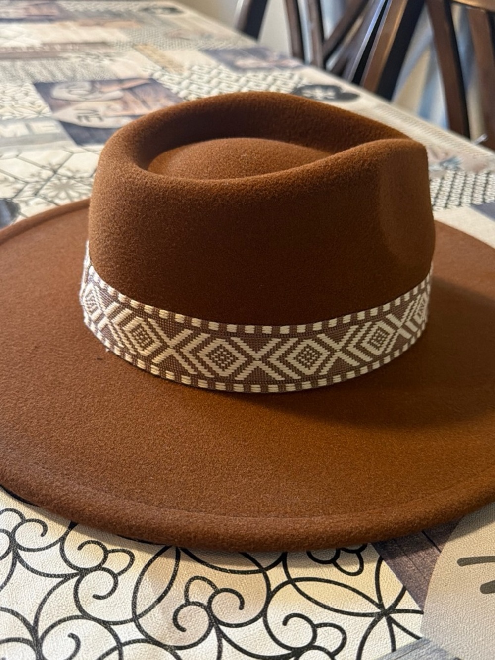 Brown Felt Fedora with Geometric Band - Accessory